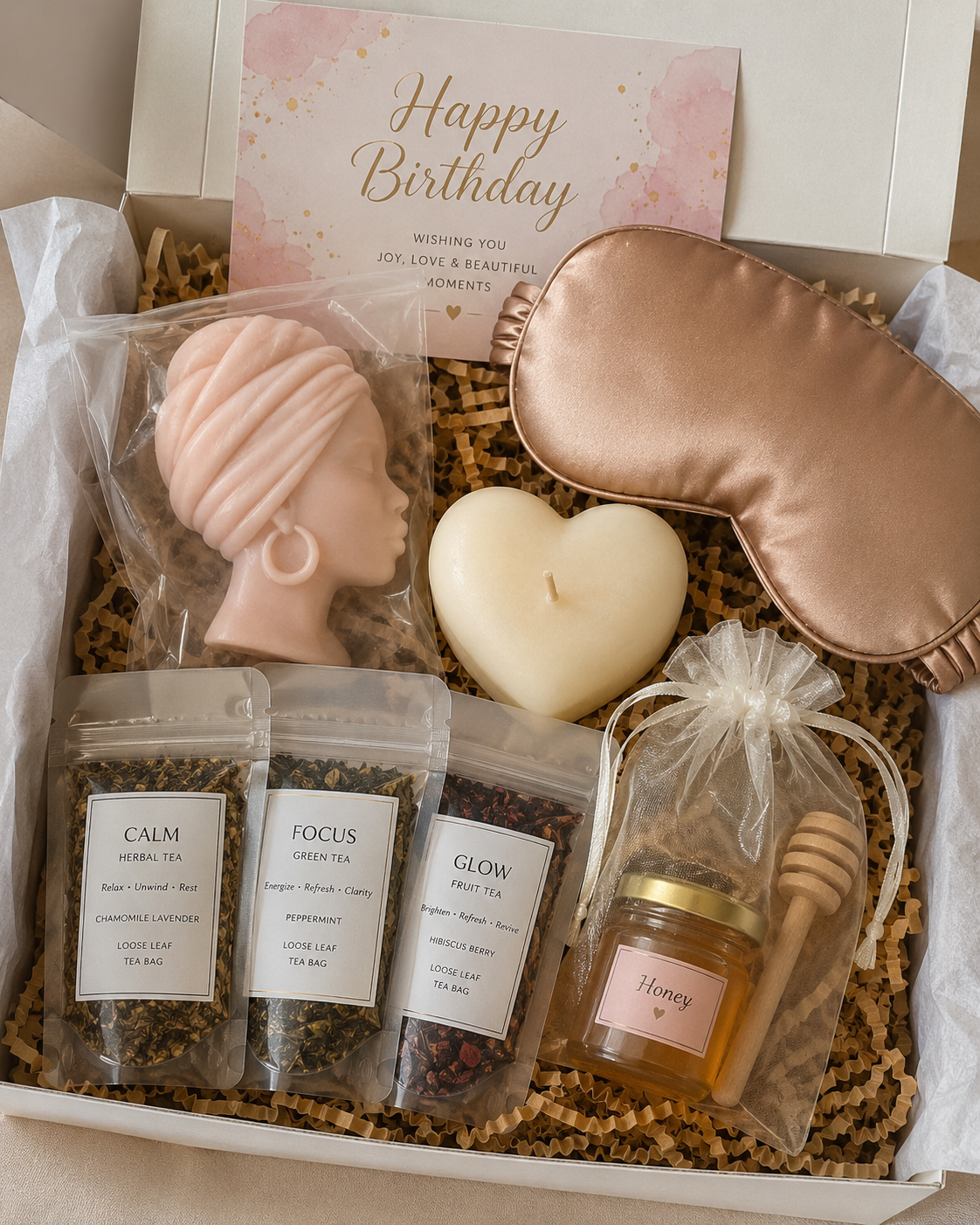 Glow & Unwind Gift Set | Luxury Self-Care Spa Set with Candle or Wax Melt, Tea, Honey & Eye Mask