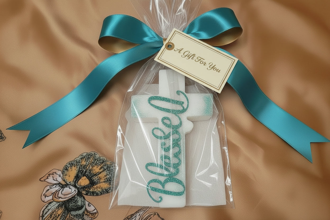 cross-shaped wax melt packaged as gift