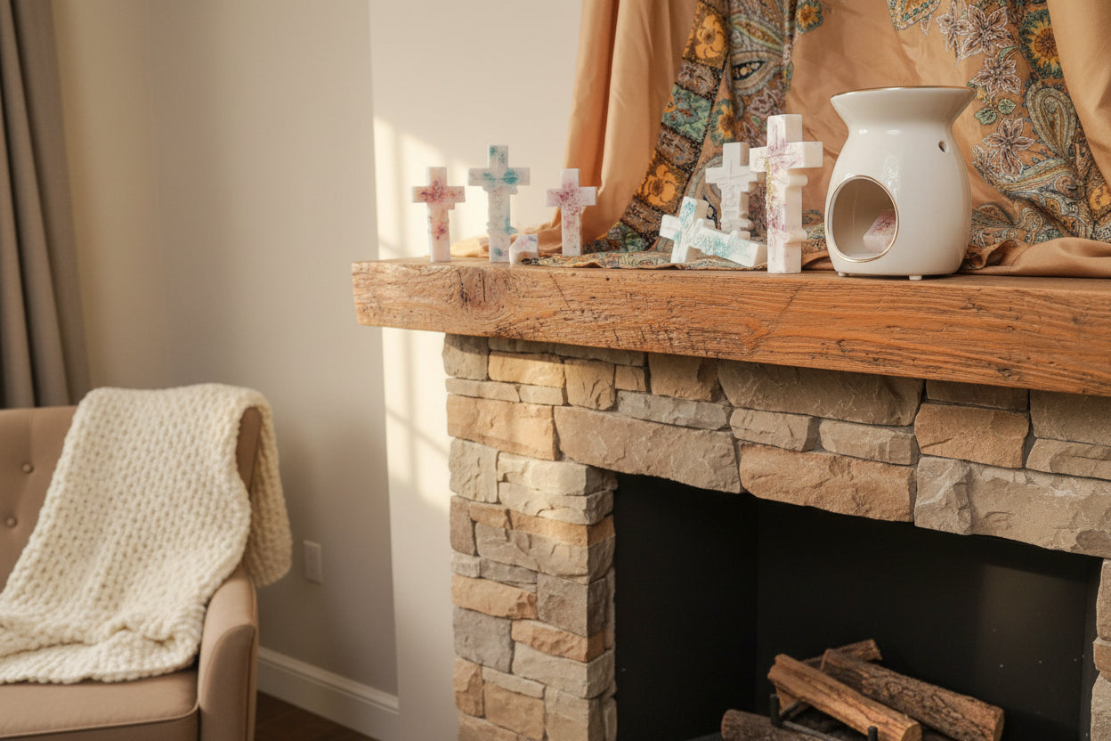 Decorative cross-shaped wax melt on fireplace