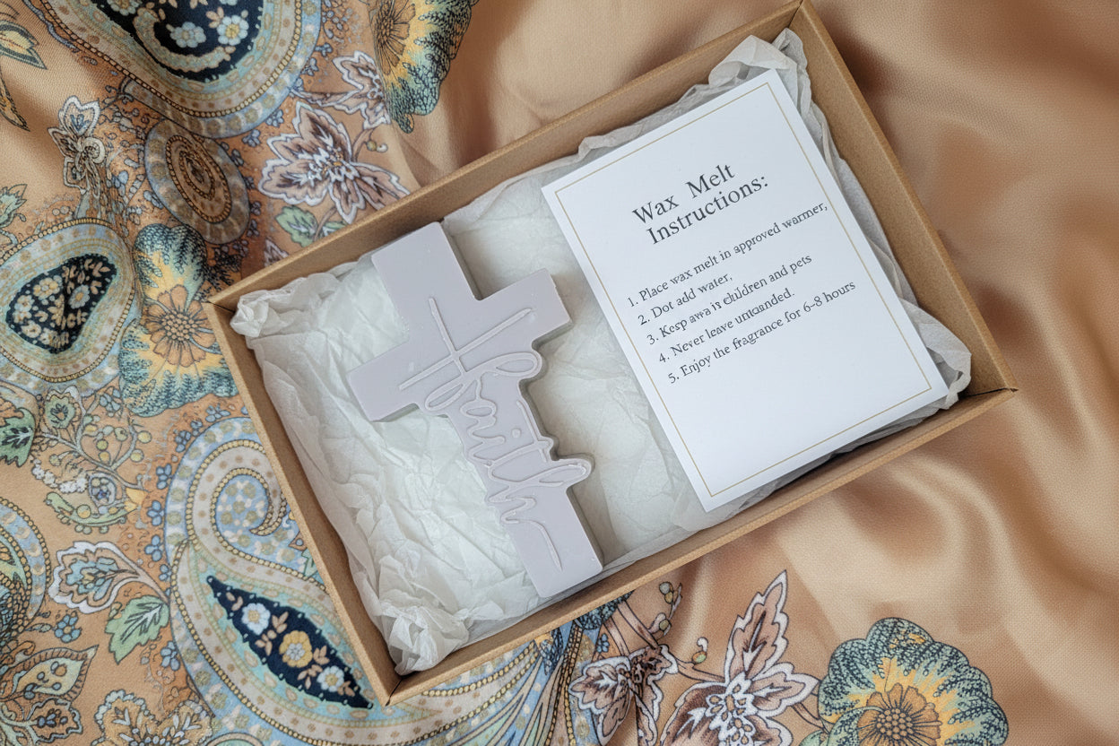 Decorative cross-shaped wax melt instructions in box