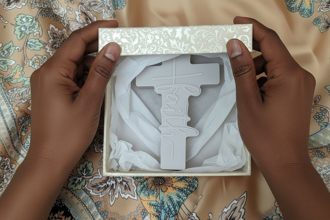 Decorative cross-shaped wax melt unveiling gift