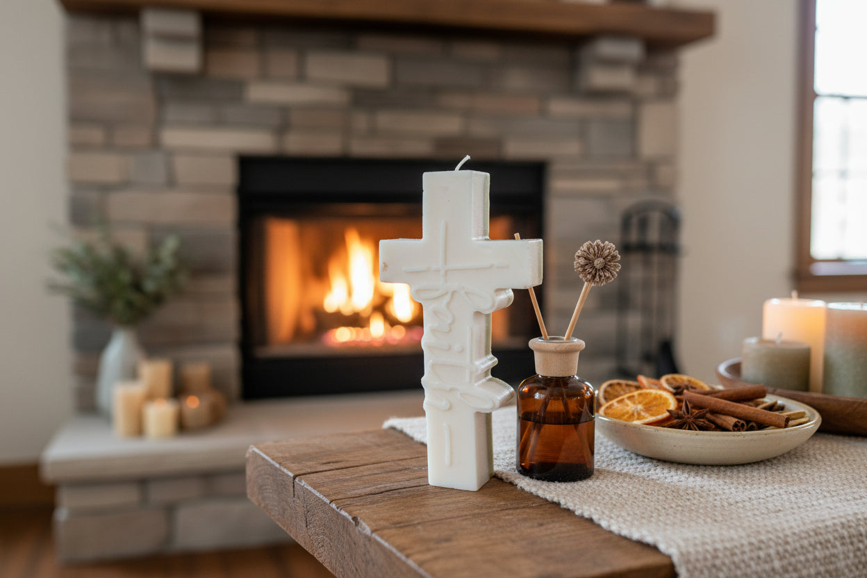 Decorative cross-shaped wax melt in living room