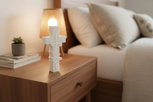 cross-shaped wax melt on nightstand