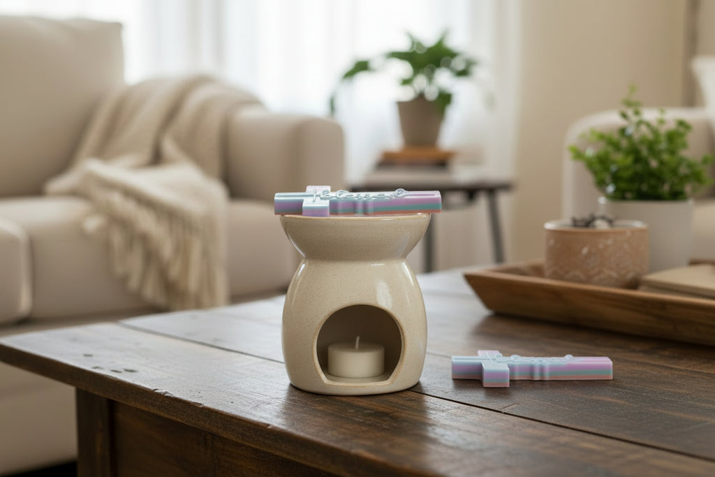 Two colorful cross-shaped wax melt on wax warmer