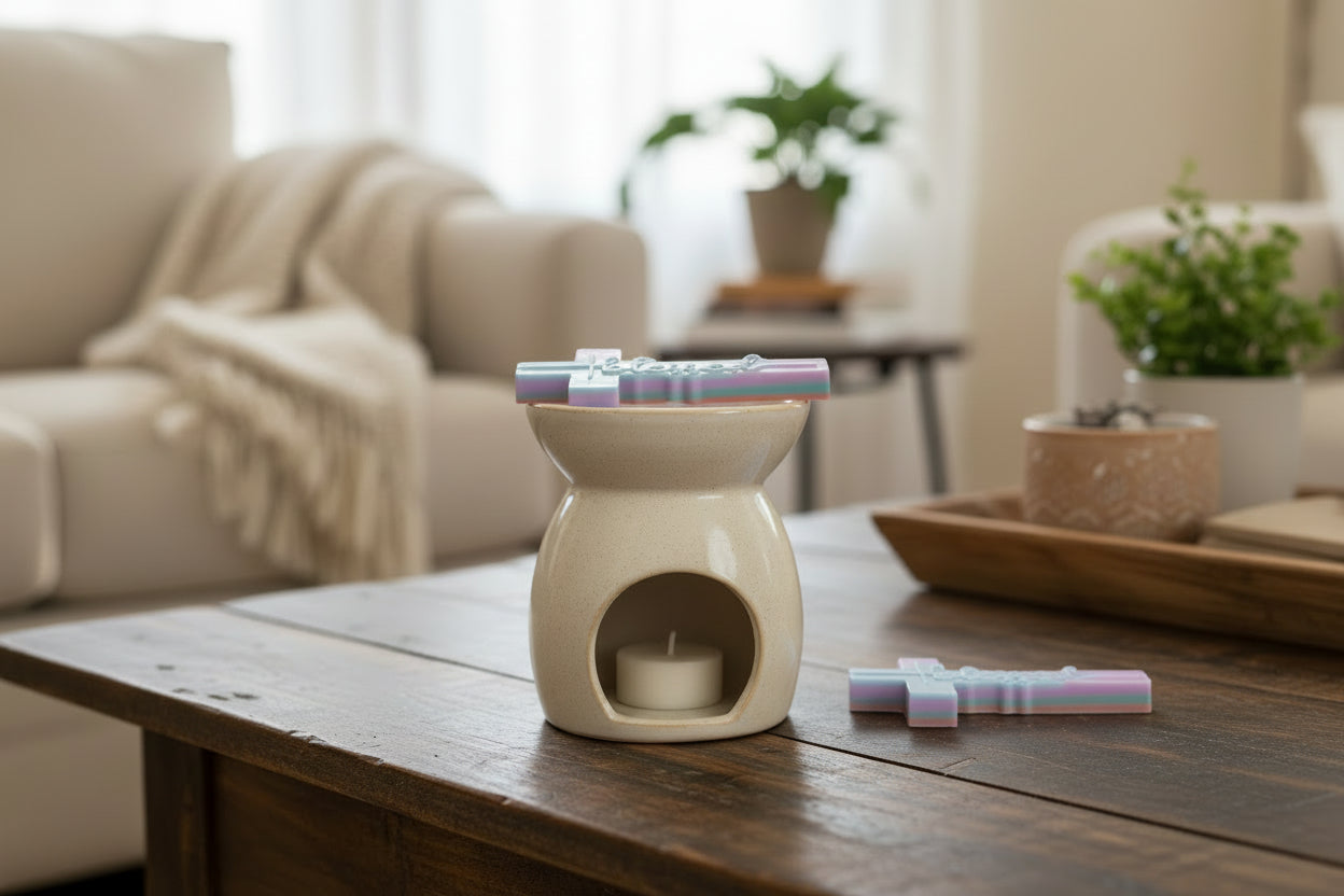 Two colorful cross-shaped wax melt on wax warmer