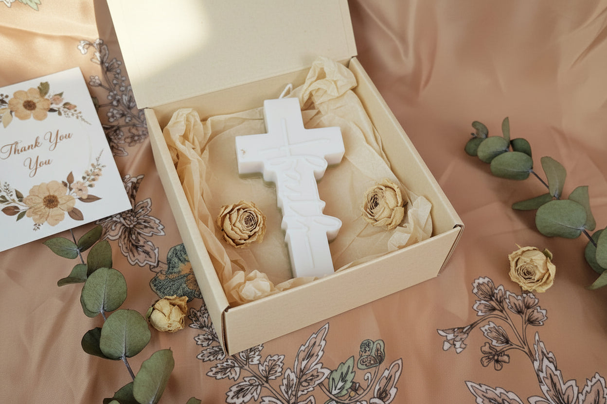 Decorative cross-shaped wax melt in box w_thank you card