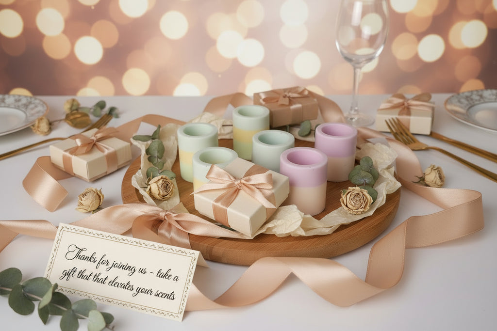 Set of shot glass wax melts on a wooden surface with a thank you card