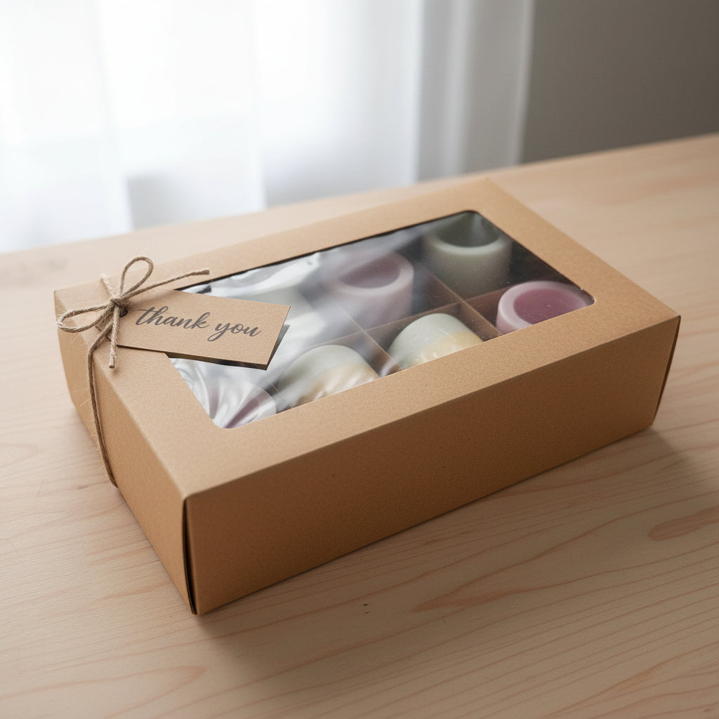 Set of colorful wax melt cups on a wooden surface with a striped fabric background.