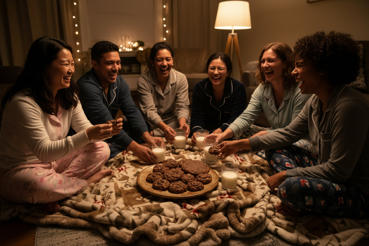 Group of friends sitting around a table with cookies, enjoying a cozy evening indoors.
