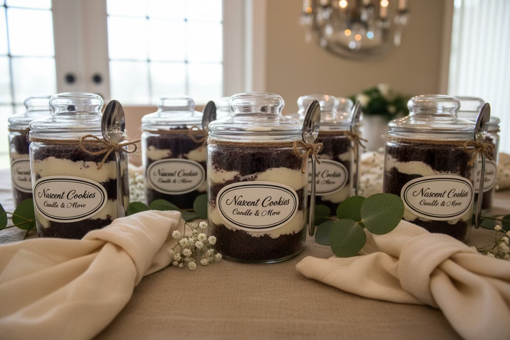 Layered dessert in a jar at a social event on counter with a blurred background