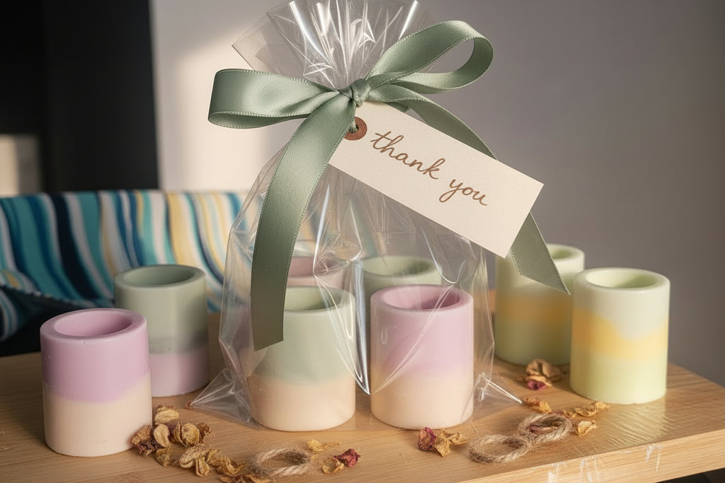 Four cylindrical wax melts with different colors