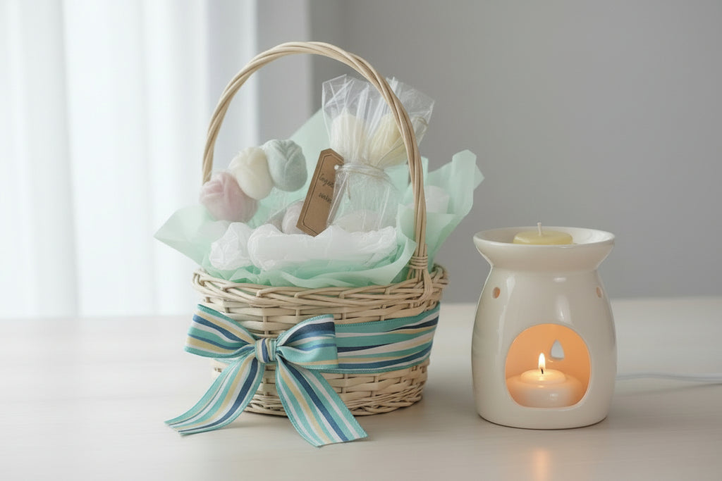 Decorative rose wax melts on a stick in a basket with ribbon next to a wax warmer