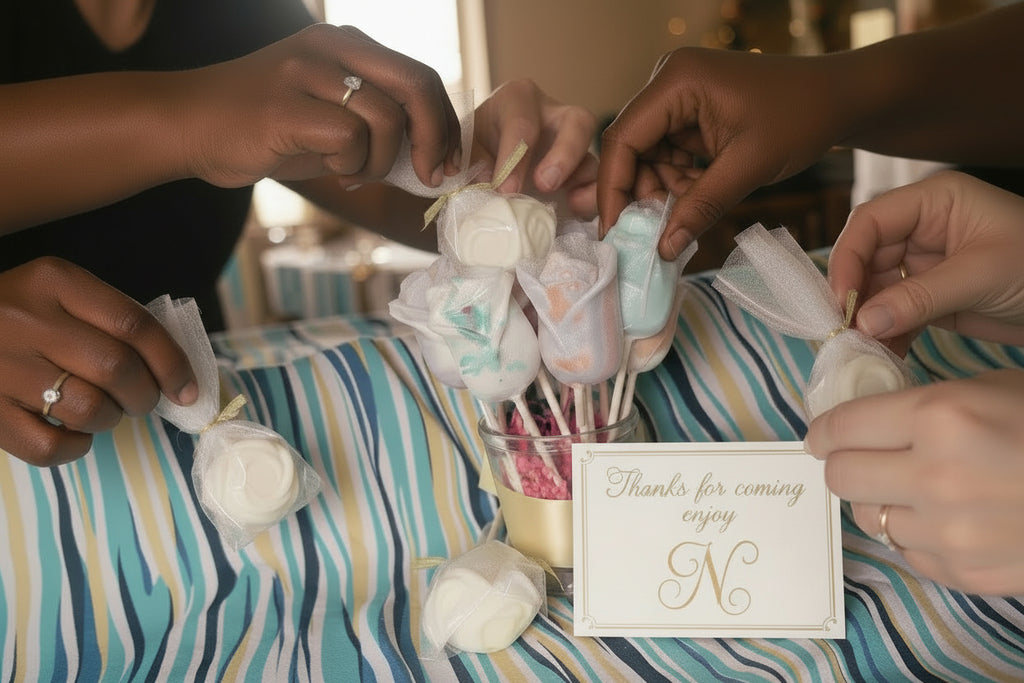 Half of rose wax melt in vase on display for guests to receive after event.