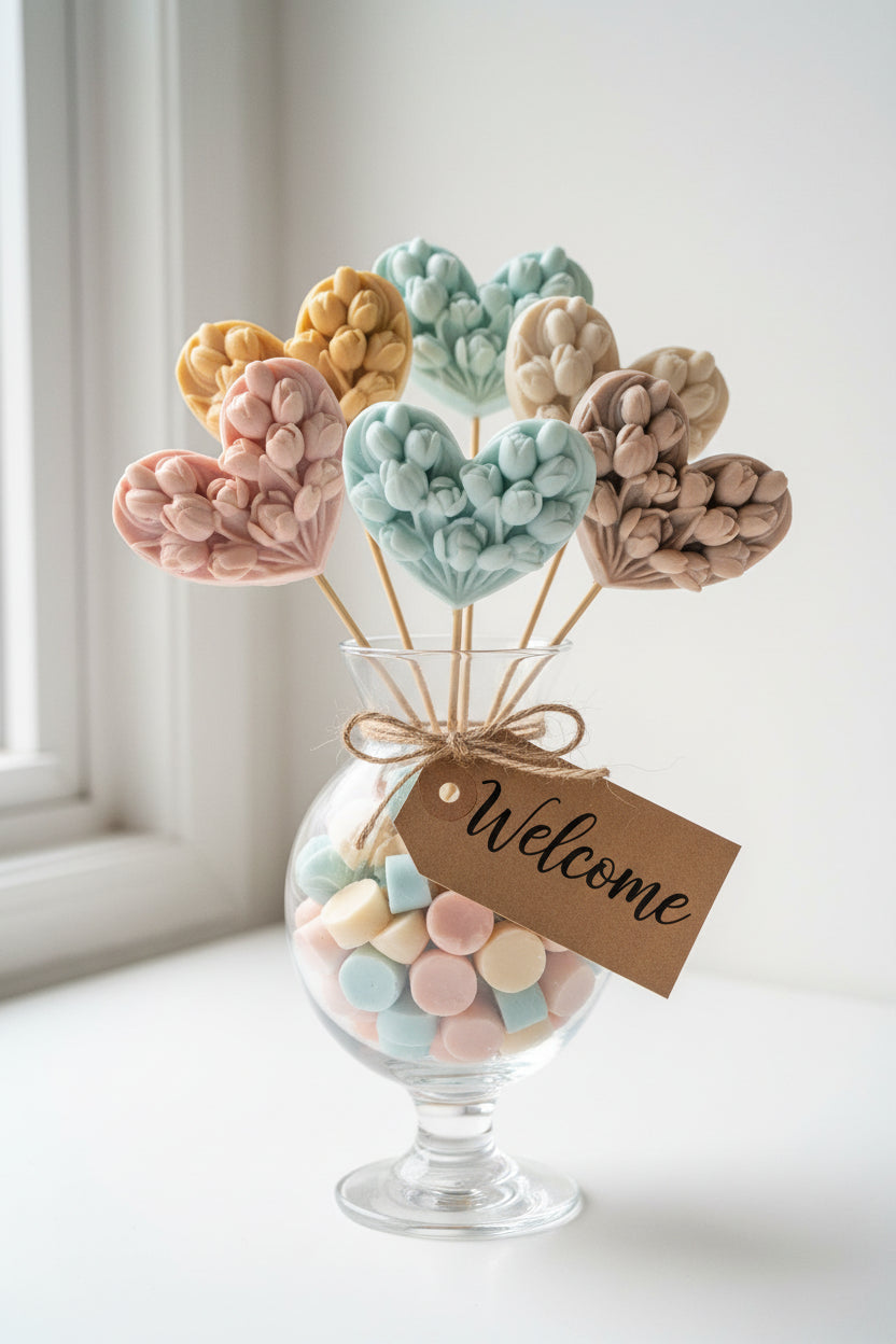 Decorative wax melts including a vase with flowers, a bag of white balls, and a pink heart-shaped with gift tags
