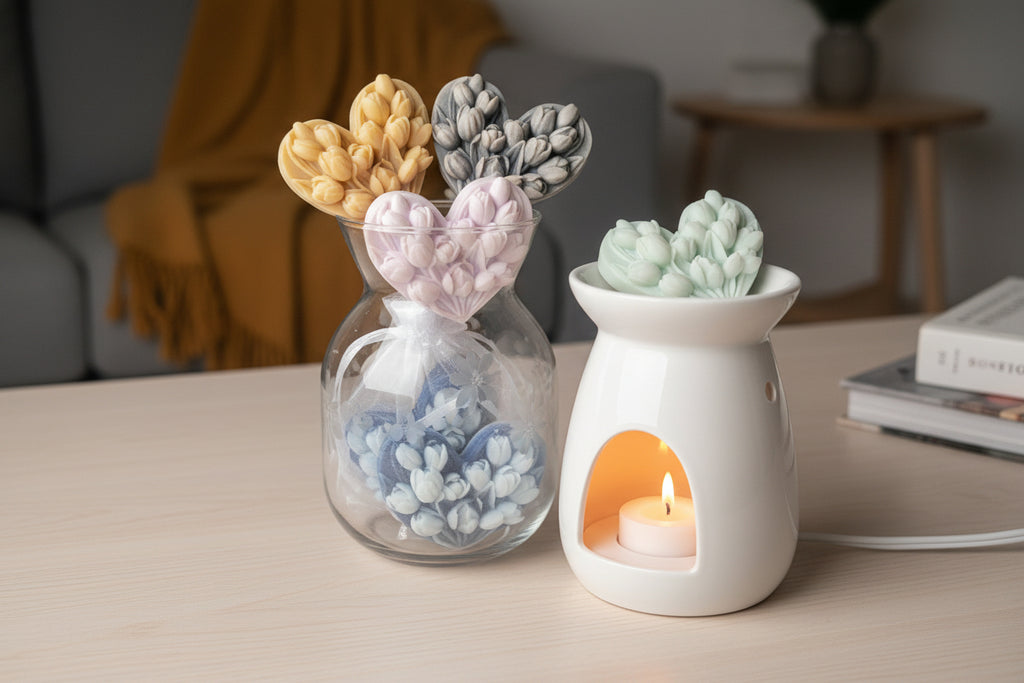 Heart-shaped wax melts in various colors in vase next to warmer