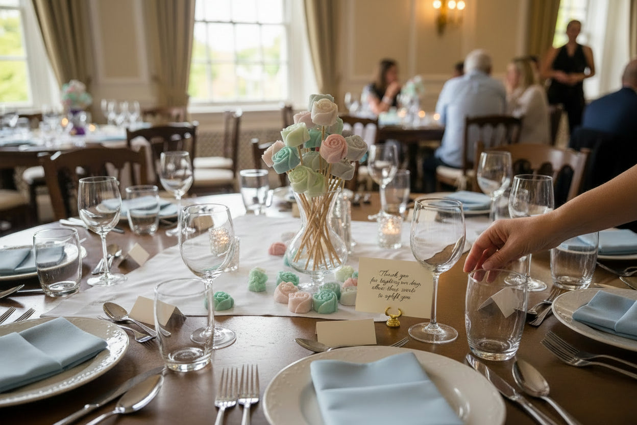 Close-up of colorful flower-shaped objects on a white surface with a blurred background