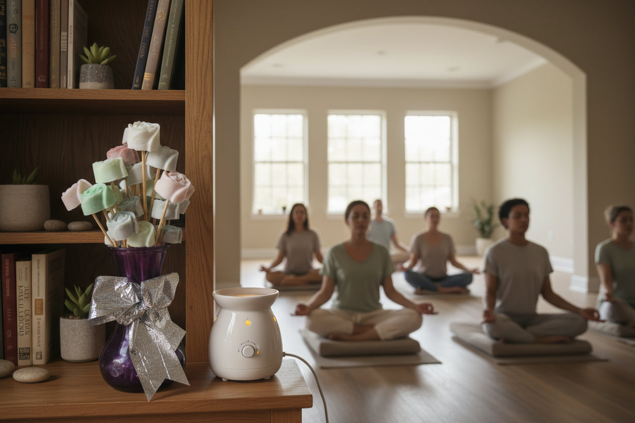 Decorative bouquet with colorful wax melts flowers in a purple vase on a reflective surface.